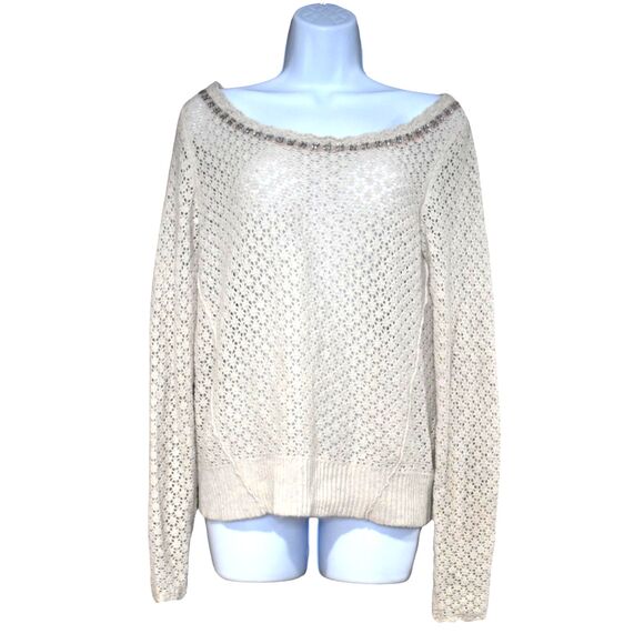 Free People Off White Wool Blend Open Knit Sweater Small Embellished Scoop Neck - Picture 1 of 12
